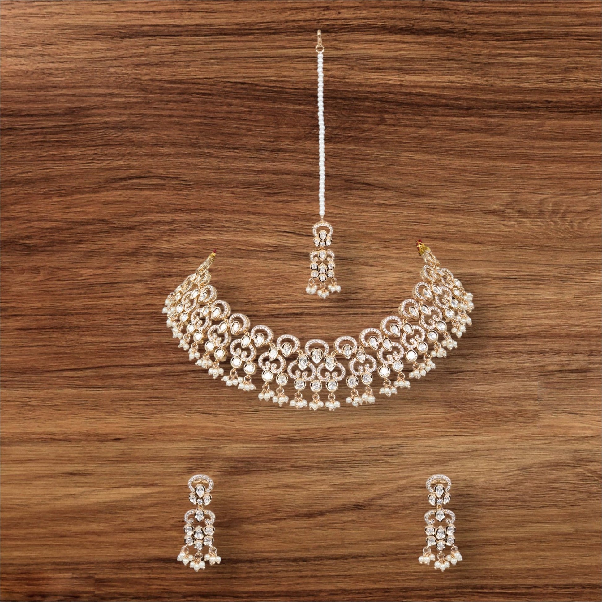 Royal Bridal Crystal Choker Set along with Earrings & Maangtikka - Auraa Trends - choker - # - Auraa Trends - Royal Bridal Crystal Choker Set along with Earrings & Maangtikka