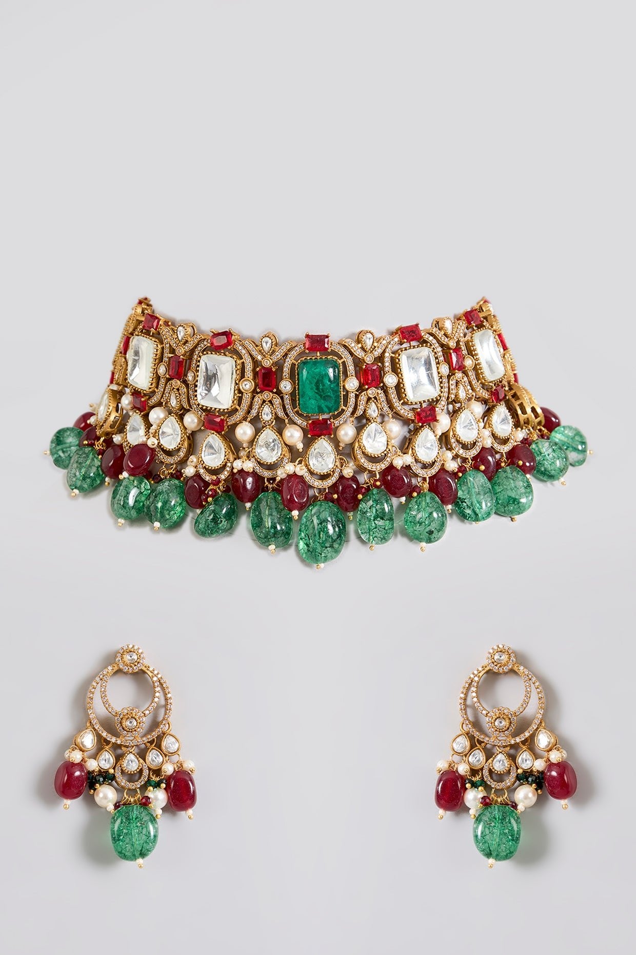 Royal Emerald &amp; Ruby Stone Bridal Choker Set - Auraa Trends - Choker - Polki stone choker necklace Designer ethnic