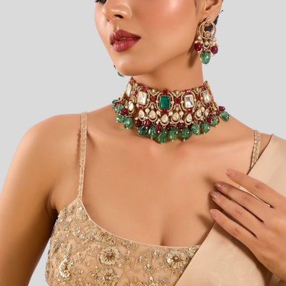 Royal Emerald &amp; Ruby Stone Bridal Choker Set, Auraa Trends heavy set Royal kundan jewelry set Polki stone choker necklace