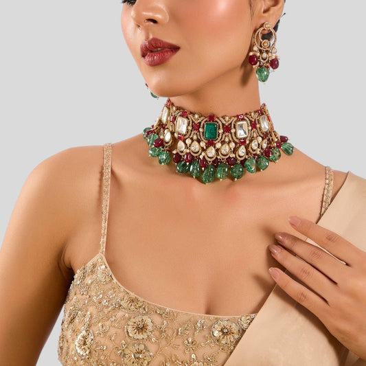Royal Emerald &amp; Ruby Stone Bridal Choker Set, Auraa Trends heavy set Royal kundan jewelry set Polki stone choker necklace