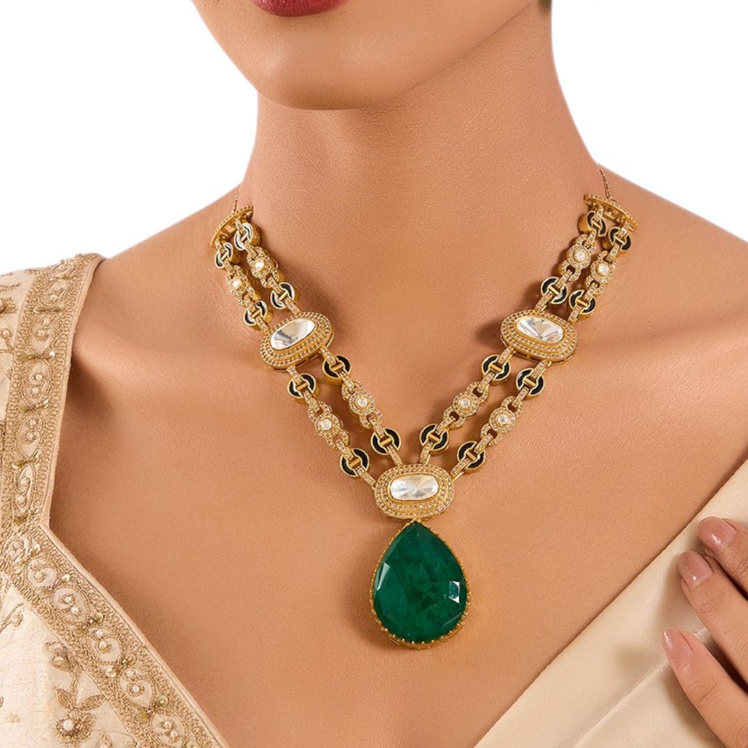 Royal Emerald Green Drop Necklace Set with Double - Strand Kundan Chain and Complementing Earrings - Auraa Trends - Necklace