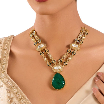 Royal Emerald Green Drop Necklace Set with Double - Strand Kundan Chain and Complementing Earrings - Auraa Trends - Necklace