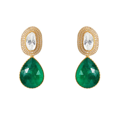 Royal Emerald Green Drop Necklace Set with Double - Strand Kundan Chain and Complementing Earrings - Auraa Trends - Necklace