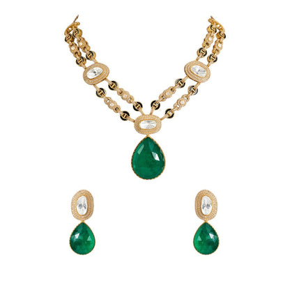 Royal Emerald Green Drop Necklace Set with Double - Strand Kundan Chain and Complementing Earrings - Auraa Trends - Necklace