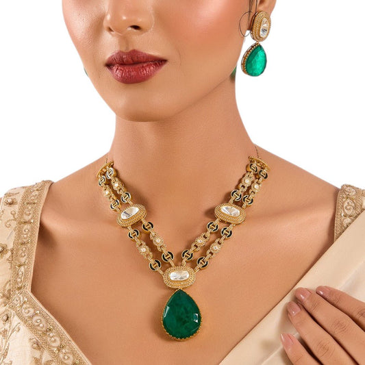 Royal Emerald Green Drop Necklace Set with Double - Strand Kundan Chain and Complementing Earrings - Auraa Trends - Necklace