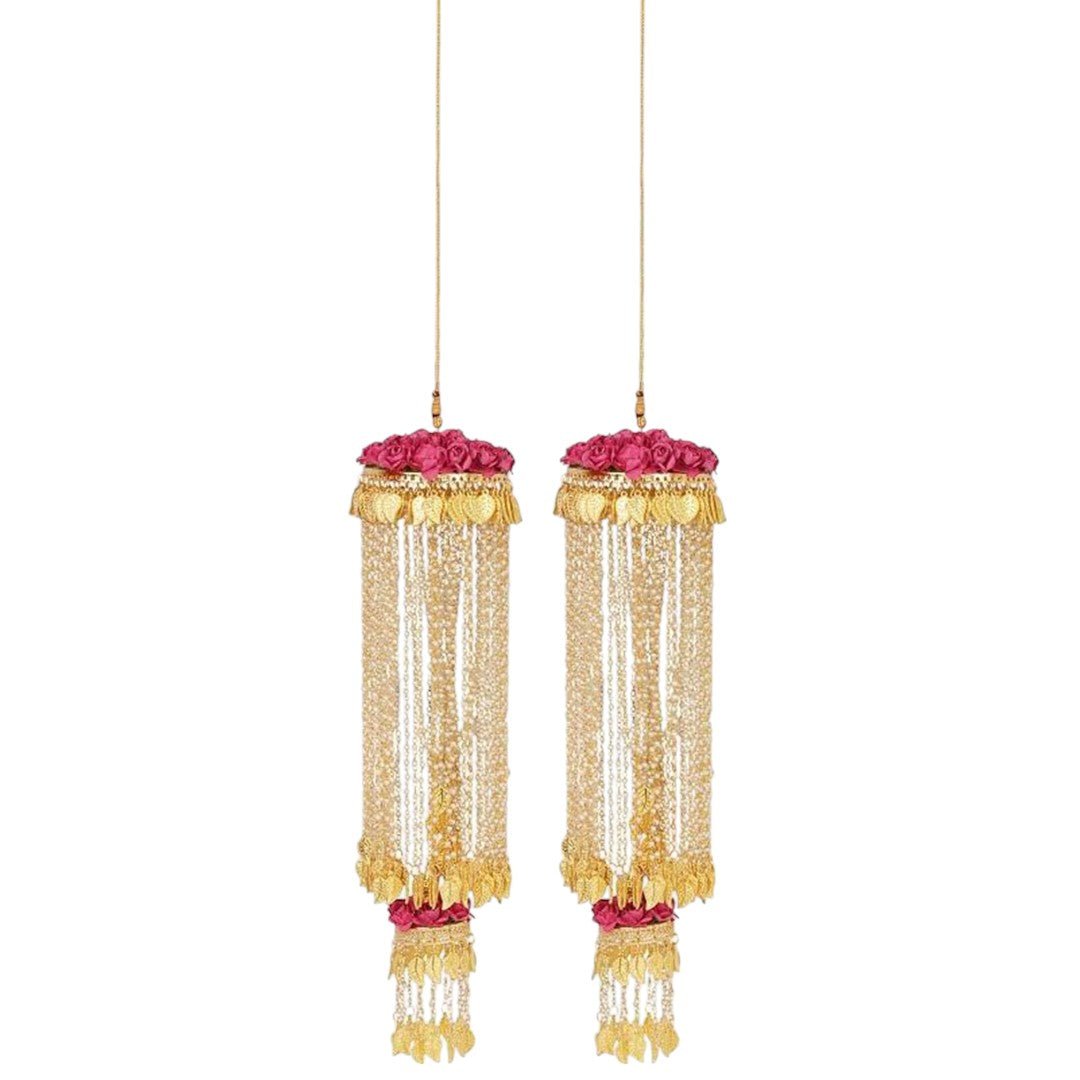 Royal Gold Plated Bridal kaleere with Pink Floral Embellishments – Alloy Wedding Jewelry - Auraa Trends - Pink Floral