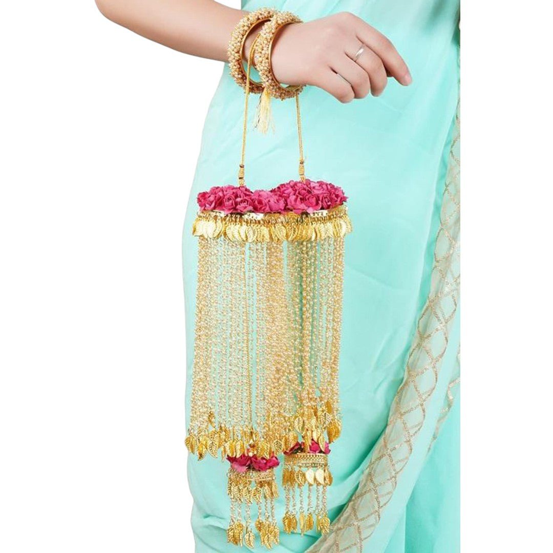 Royal Gold Plated Bridal kaleere with Pink Floral Embellishments – Alloy Wedding Jewelry - Auraa Trends - Pink Floral