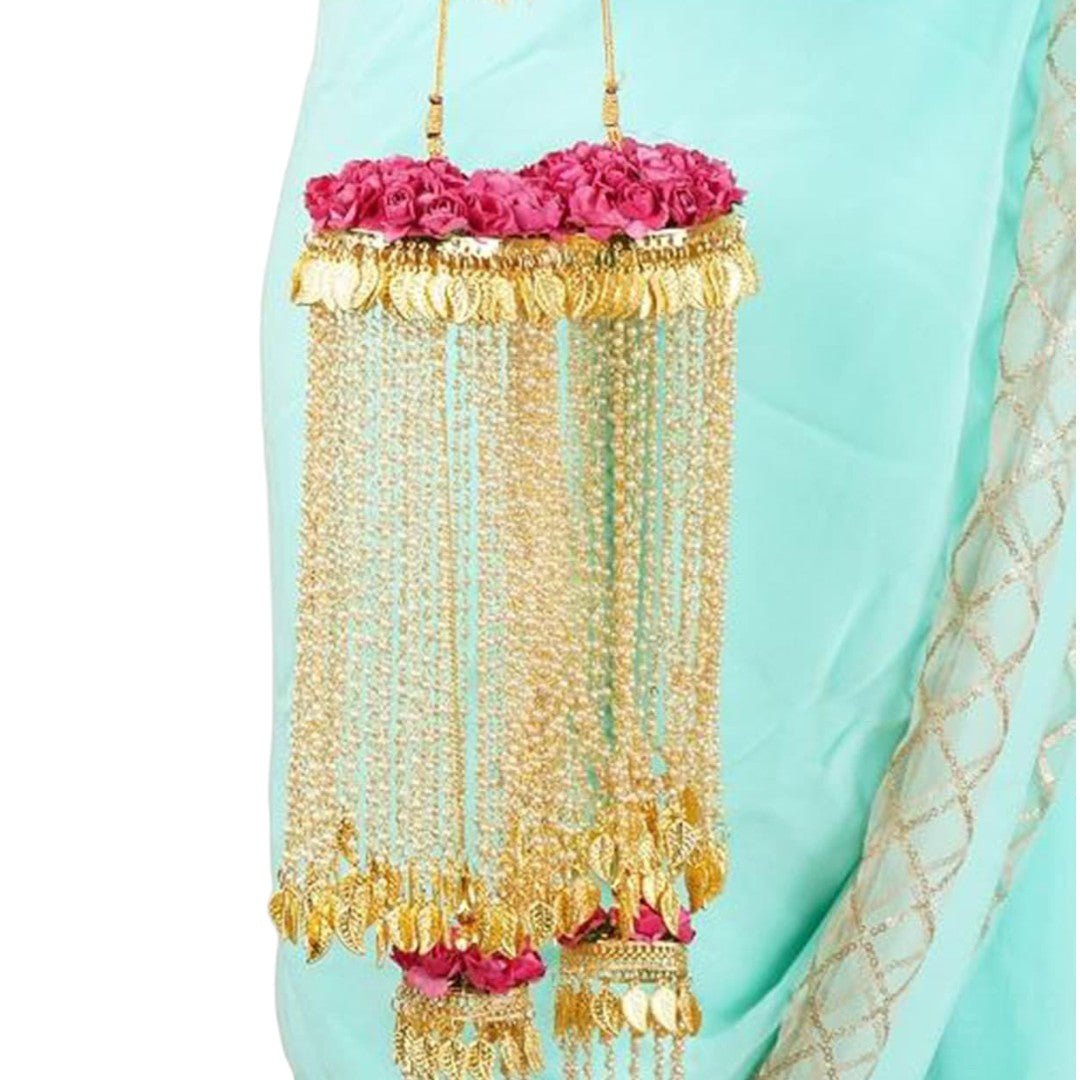 Royal Gold Plated Bridal kaleere with Pink Floral Embellishments – Alloy Wedding Jewelry - Auraa Trends - Pink Floral