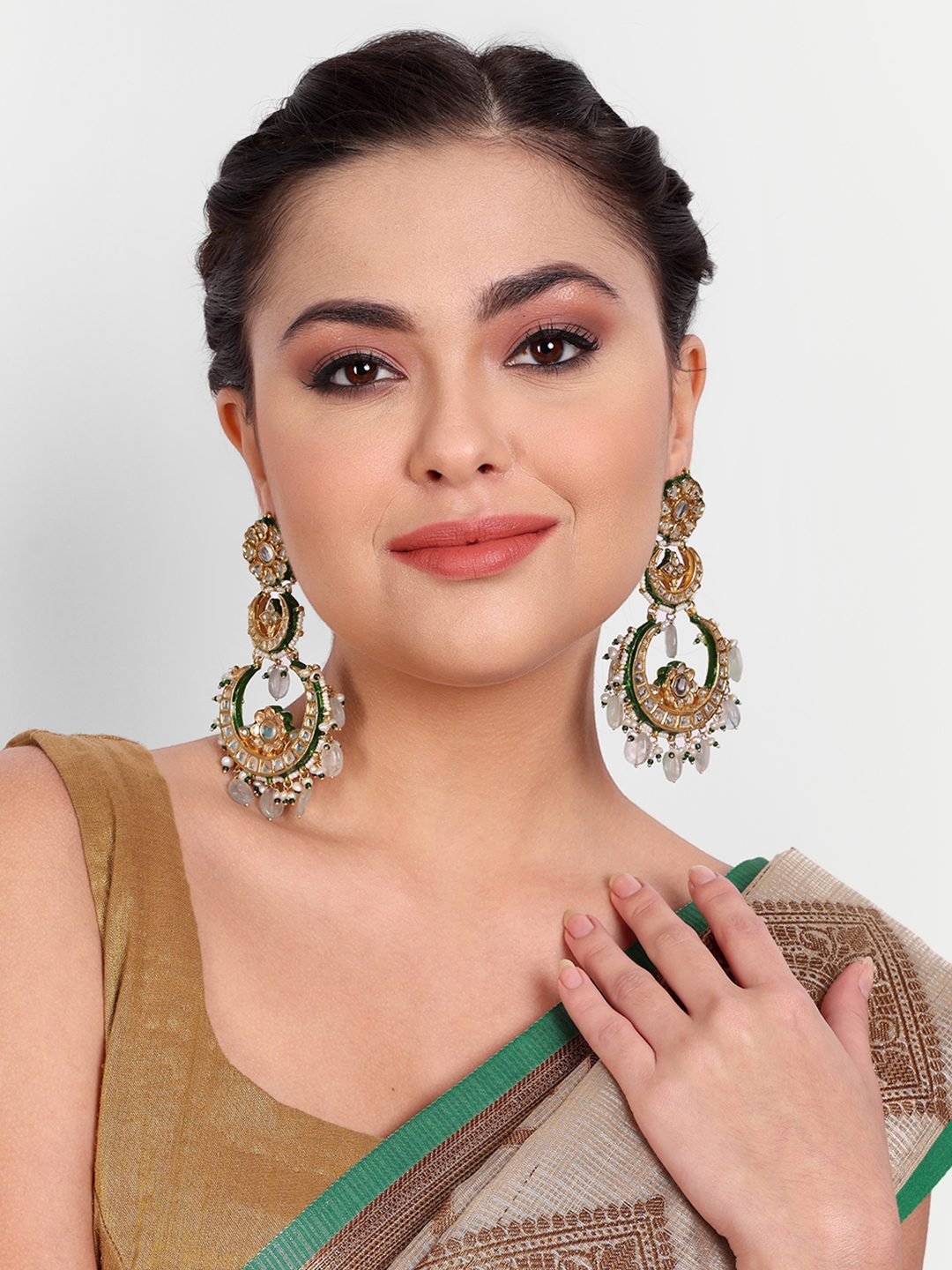 Royal Gold Plated Kundan Chandbaali Earrings - Auraa Trends - chand - Trends - Royal Gold Plated Kundan Chandbaali Earrings
