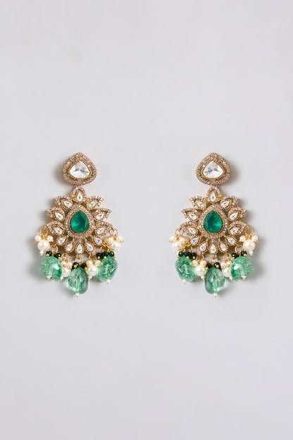 Royal Green Kundan Emerald Drop Bridal Necklace Set - Auraa Trends - Necklace - Traditional choker set Antique gold jewelry