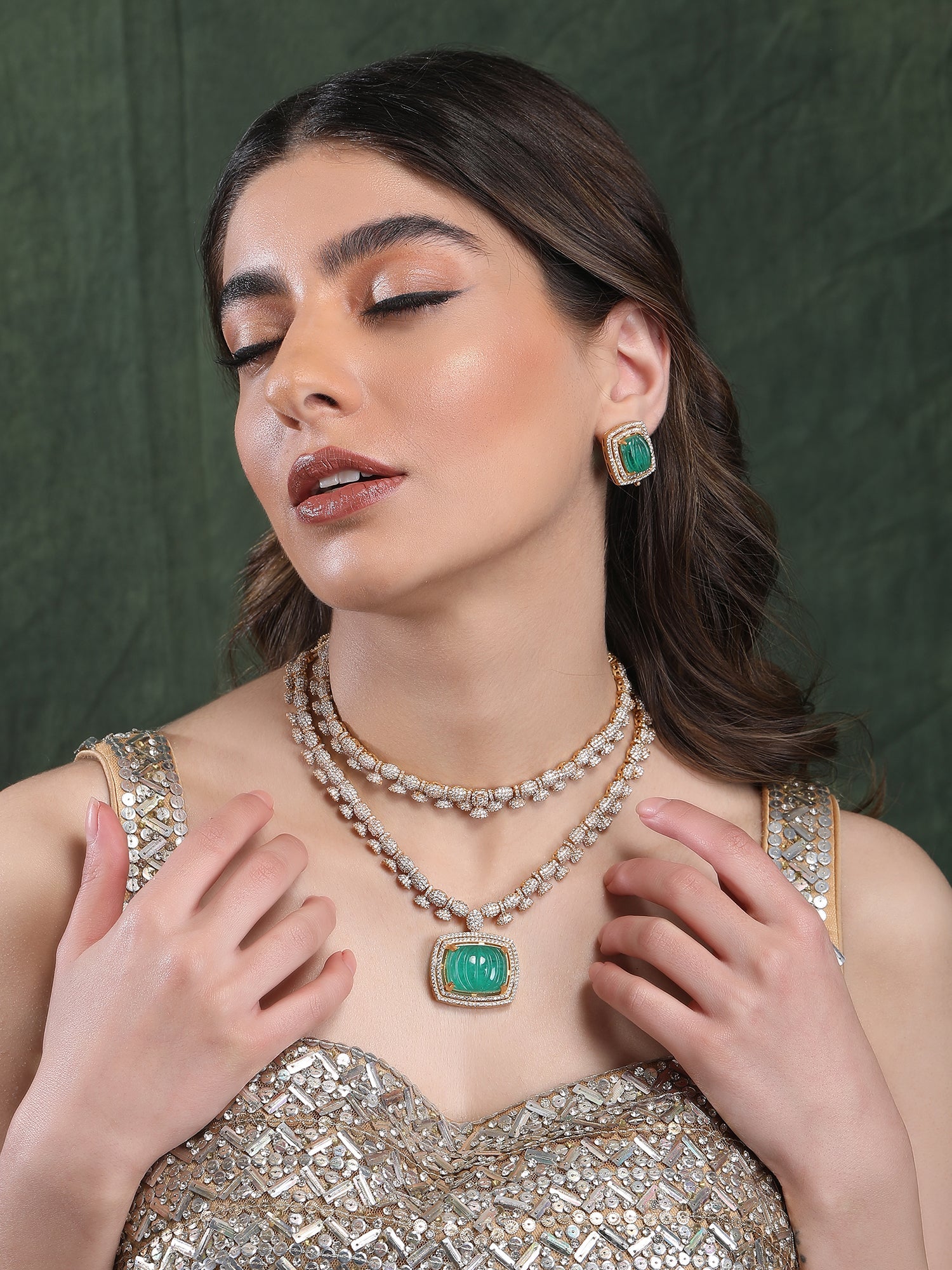 Royal Green Kundan Polki Necklace - Auraa Trends - Necklace Set - # - Auraa Trends - Royal Green Kundan Polki Necklace
