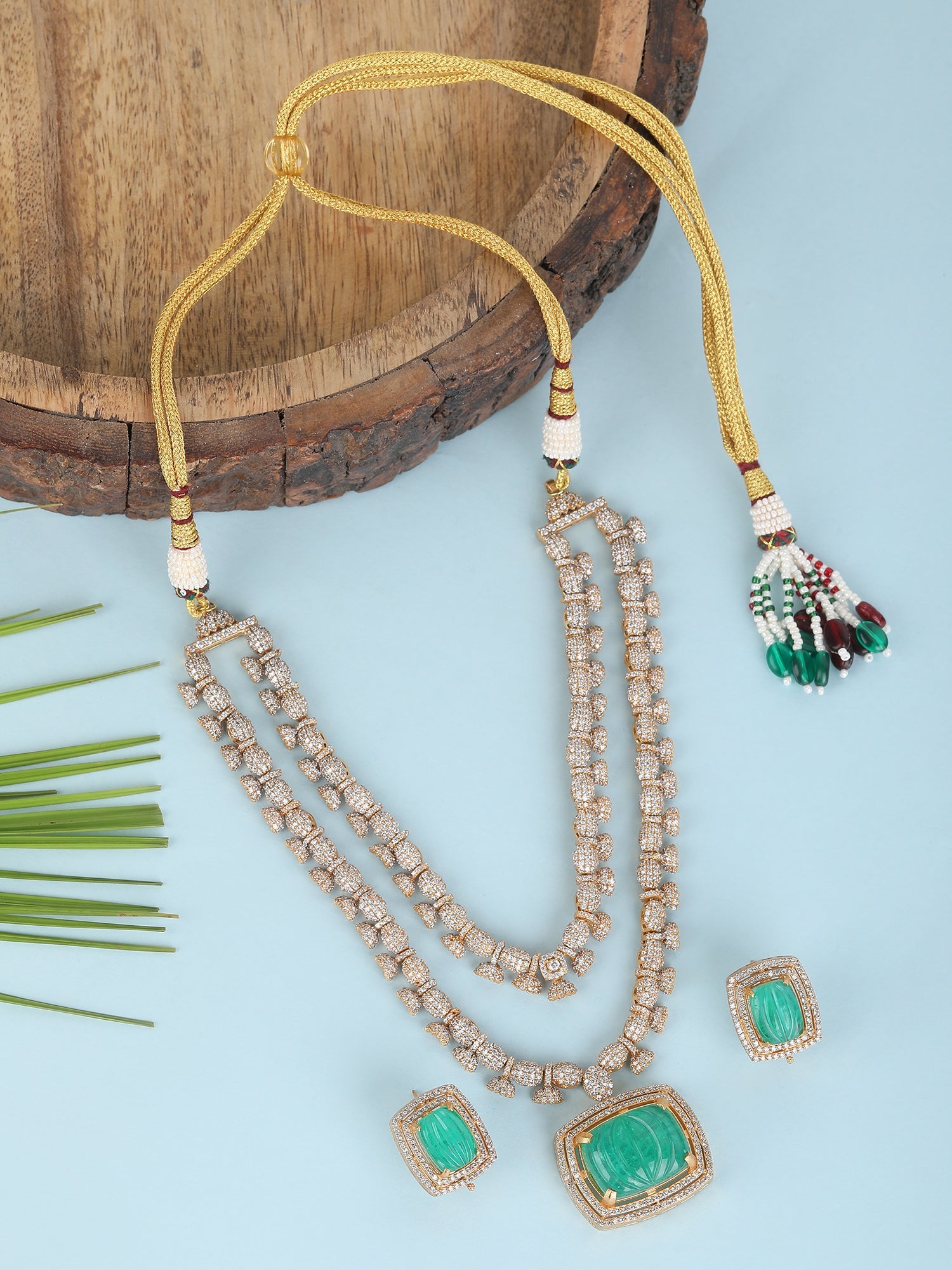 Royal Green Kundan Polki Necklace - Auraa Trends - Necklace Set - # - Auraa Trends - Royal Green Kundan Polki Necklace