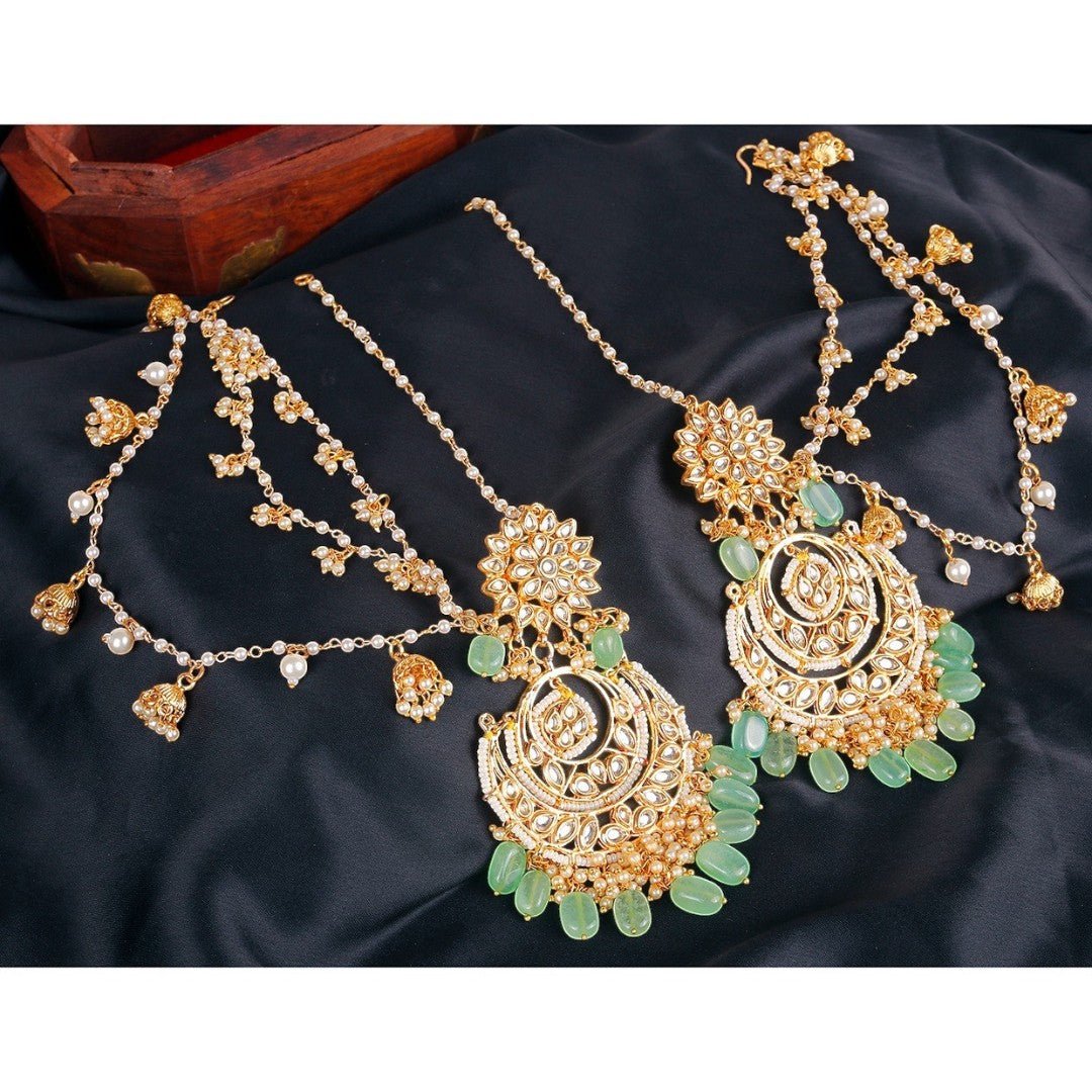 Royal Kundan Green Beaded Chandbali Earrings with Ear Chain - Auraa Trends - Chandbali -  - Auraa Trends - "Turn Heads This Season with Regal Green Kundan Elegance"