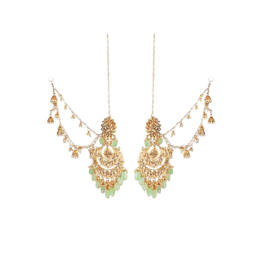 Royal Kundan Green Beaded Chandbali Earrings with Ear Chain - Auraa Trends - Chandbali -  - Auraa Trends - "Turn Heads This Season with Regal Green Kundan Elegance"