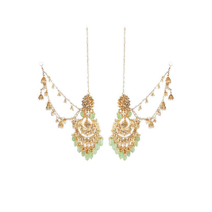 Royal Kundan Green Beaded Chandbali Earrings with Ear Chain - Auraa Trends - Chandbali -  - Auraa Trends - "Turn Heads This Season with Regal Green Kundan Elegance"