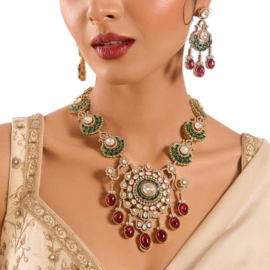 Royal Kundan Necklace Set with Ruby Red Drops and Green Accents - Auraa Trends - Necklace - Wedding wear accessories Polki