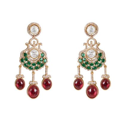 Royal Kundan Necklace Set with Ruby Red Drops and Green Accents - Auraa Trends - Necklace - Wedding wear accessories Polki