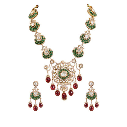 Royal Kundan Necklace Set with Ruby Red Drops and Green Accents - Auraa Trends - Necklace - Wedding wear accessories Polki