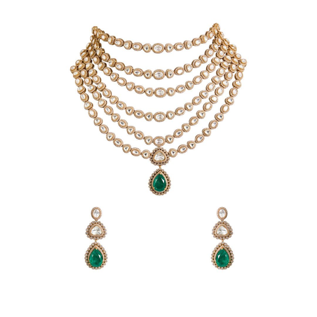 Royal Layered Kundan Choker Necklace Earrings Set with Emerald Drop - Auraa Trends - Necklace - Kundan bridal, multi - layer