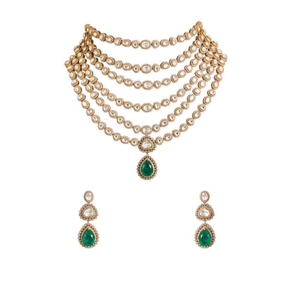 Royal Layered Kundan Choker Necklace Earrings Set with Emerald Drop - Auraa Trends - Necklace - Kundan bridal, multi - layer