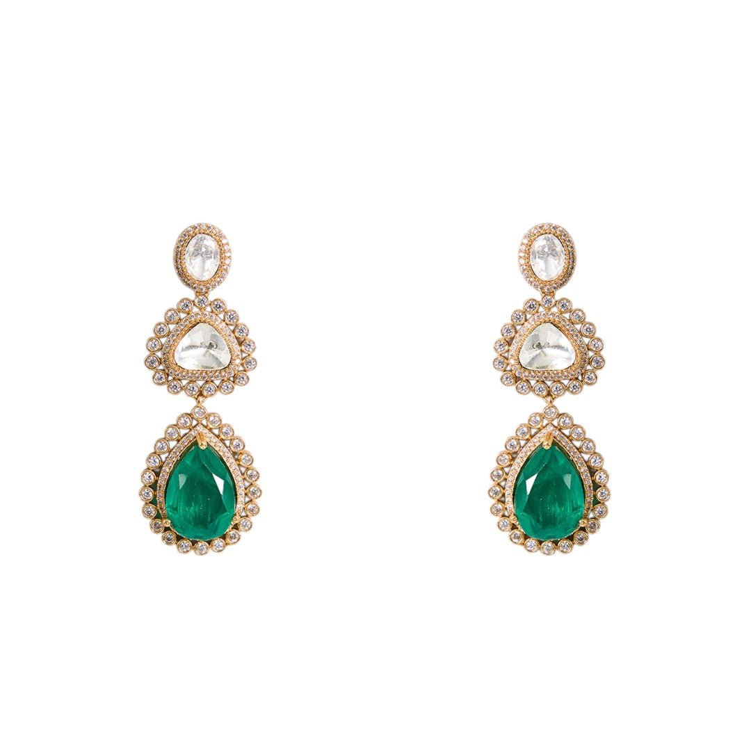 Royal Layered Kundan Choker Necklace Earrings Set with Emerald Drop - Auraa Trends - Necklace - Kundan bridal, multi - layer