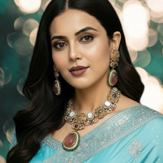 Royal Multicolor Kundan & Beaded Necklace Set - Auraa Trends - Necklace Set -  - Auraa Trends - "Antique gold - plated multicolor Kundan necklace set with mirror stones, green beaded border, and matching statement earrings