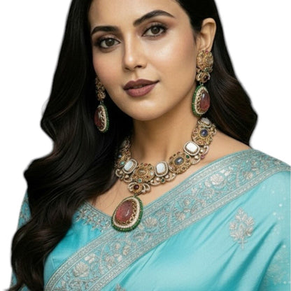 Royal Multicolor Kundan & Beaded Necklace Set - Auraa Trends - Necklace Set -  - Auraa Trends - "Antique gold - plated multicolor Kundan necklace set with mirror stones, green beaded border, and matching statement earrings