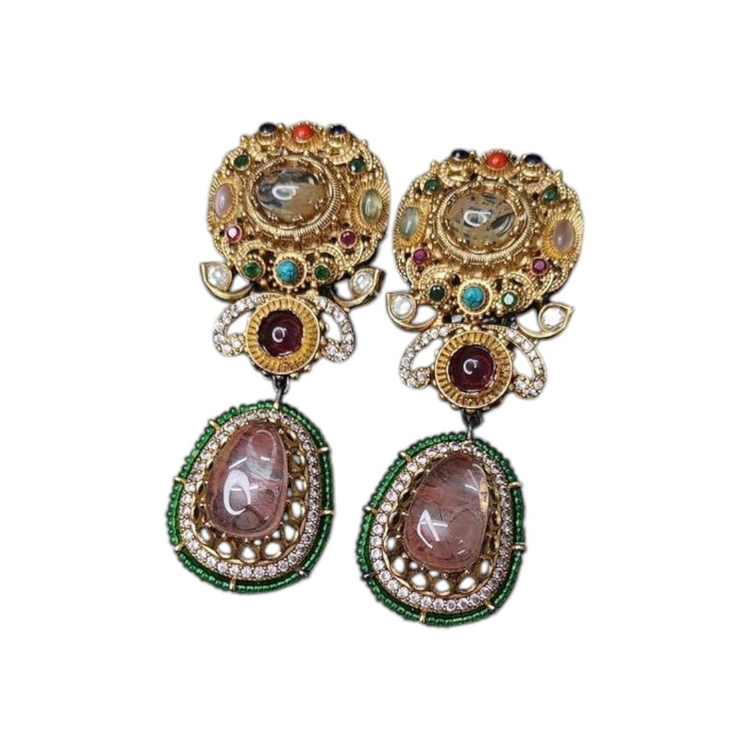 Royal Multicolor Kundan & Beaded Necklace Set - Auraa Trends - Necklace Set -  - Auraa Trends - "Antique gold - plated multicolor Kundan necklace set with mirror stones, green beaded border, and matching statement earrings