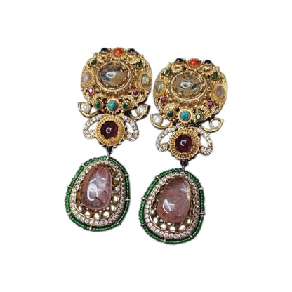 Royal Multicolor Kundan & Beaded Necklace Set - Auraa Trends - Necklace Set -  - Auraa Trends - "Antique gold - plated multicolor Kundan necklace set with mirror stones, green beaded border, and matching statement earrings