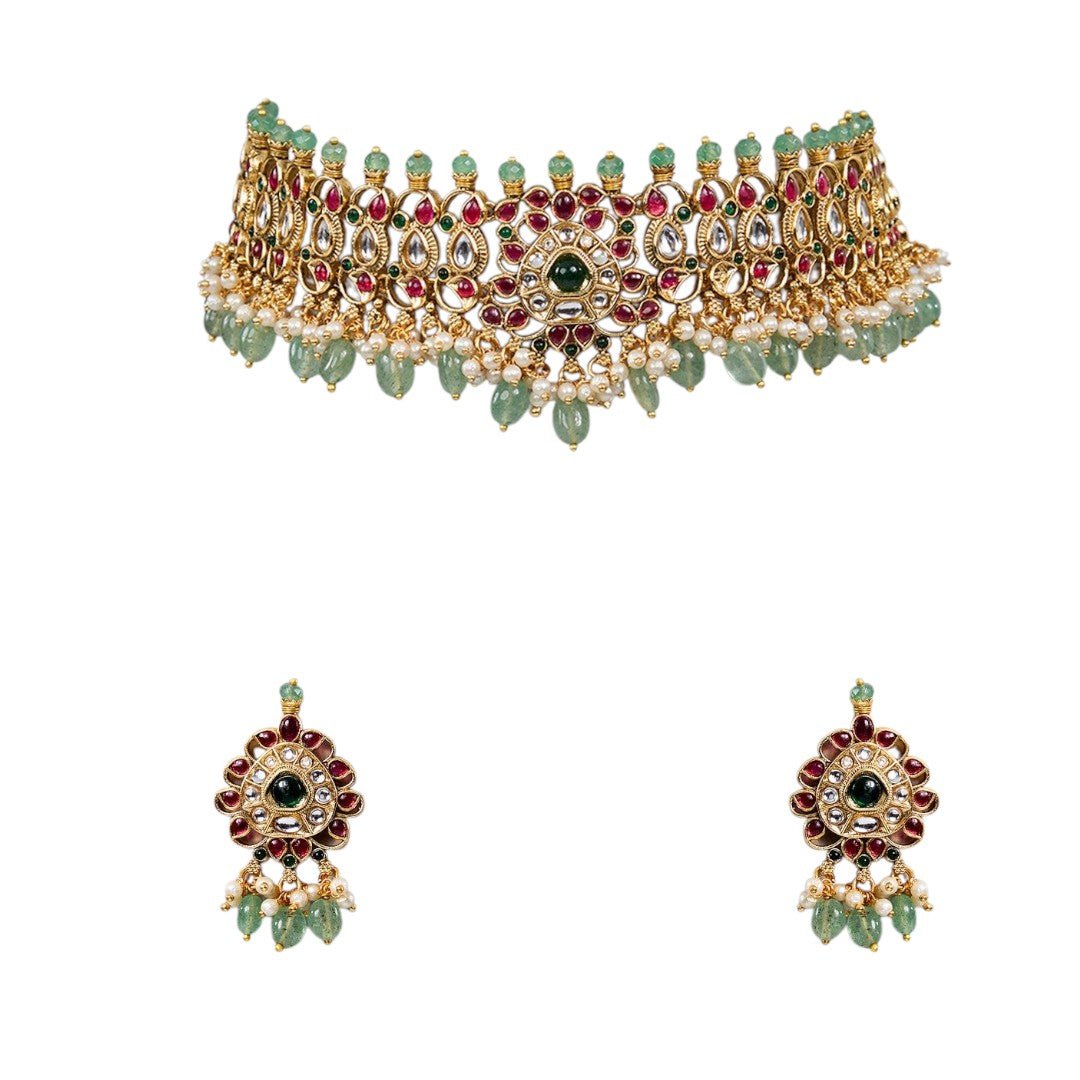Royal Peacock - Inspired Kundan Choker Necklace Set - Auraa Trends - Choker - # - Auraa Trends - Royal Peacock - Inspired Kundan Choker Necklace Set