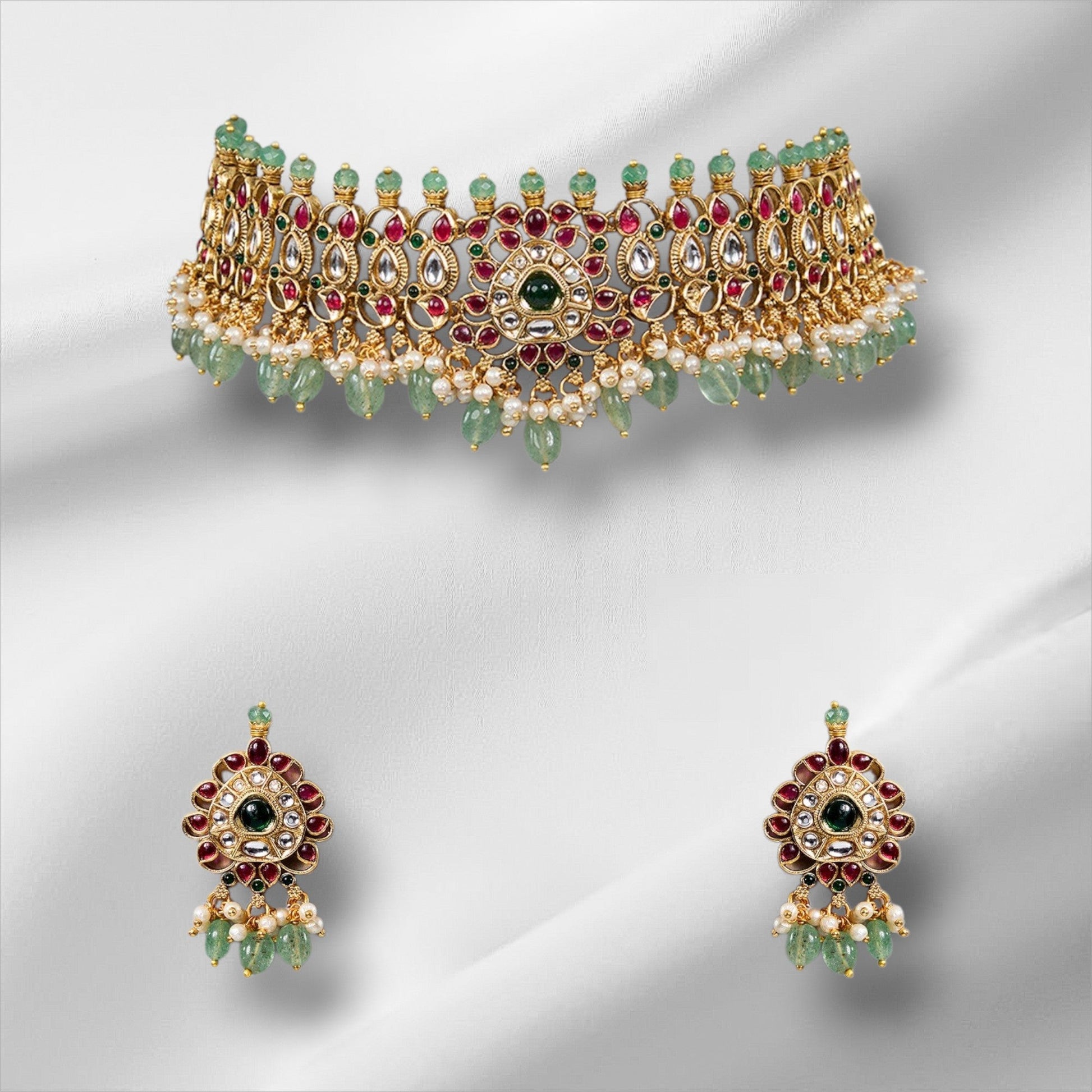 Royal Peacock - Inspired Kundan Choker Necklace Set - Auraa Trends - Choker - # - Auraa Trends - Royal Peacock - Inspired Kundan Choker Necklace Set