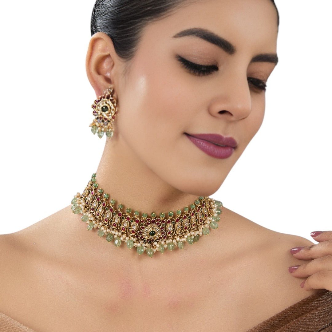 Royal Peacock - Inspired Kundan Choker Necklace Set - Auraa Trends - Choker - # - Auraa Trends - Royal Peacock - Inspired Kundan Choker Necklace Set