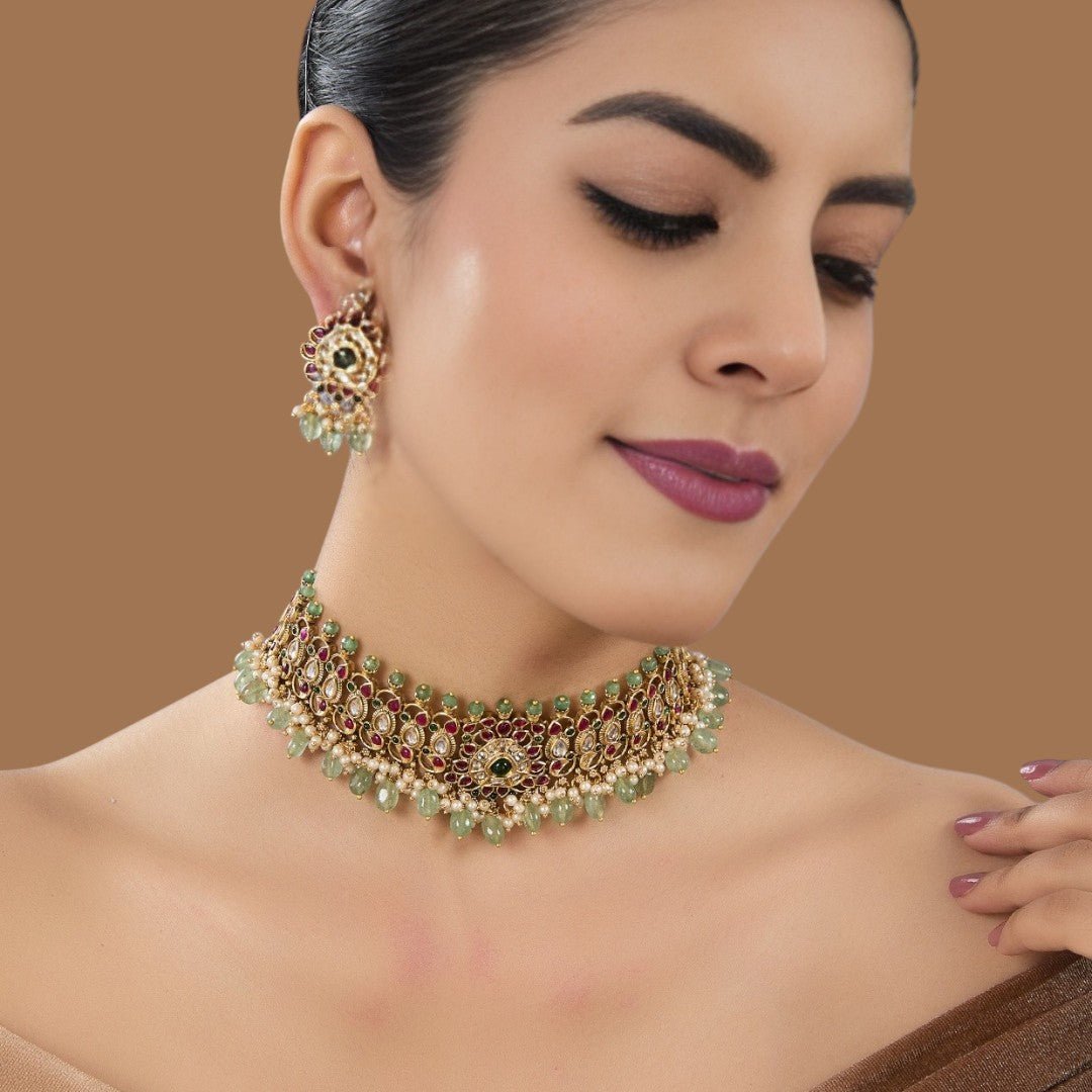 Royal Peacock - Inspired Kundan Choker Necklace Set - Auraa Trends - Choker - # - Auraa Trends - Royal Peacock - Inspired Kundan Choker Necklace Set