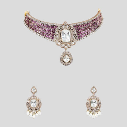 Royal Pink CZ Choker Necklace Set with Kundan - Style Earrings & Pearl Drops for Women - Auraa Trends - Necklace Set -  - Auraa Trends - "Elegant pink cubic zirconia choker necklace with kundan centerpiece and matching statement earrings featuring pearl drops – ideal for bridal and festive occasions"
