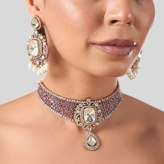 Royal Pink CZ Choker Necklace Set with Kundan - Style Earrings & Pearl Drops for Women - Auraa Trends - Necklace Set -  - Auraa Trends - "Elegant pink cubic zirconia choker necklace with kundan centerpiece and matching statement earrings featuring pearl drops – ideal for bridal and festive occasions"