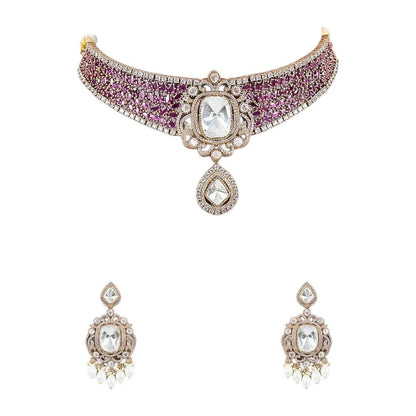 Royal Pink CZ Choker Necklace Set with Kundan - Style Earrings & Pearl Drops for Women - Auraa Trends - Necklace Set -  - Auraa Trends - "Elegant pink cubic zirconia choker necklace with kundan centerpiece and matching statement earrings featuring pearl drops – ideal for bridal and festive occasions"