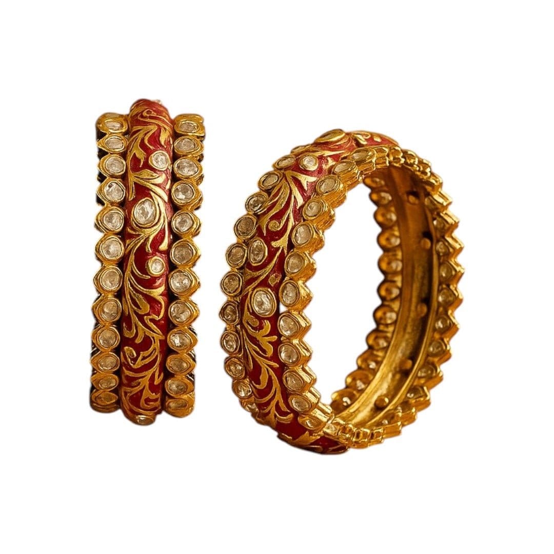 Royal Red Enamel Kundan Studded Gold - Plated Bangles for Women - Auraa Trends - Bangles -  - Auraa Trends - "Red enamel gold - plated kundan bangles set for women with floral design – traditional Indian wedding jewelry"