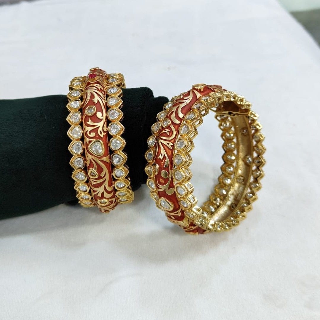 Royal Red Enamel Kundan Studded Gold - Plated Bangles for Women - Auraa Trends - Bangles -  - Auraa Trends - "Red enamel gold - plated kundan bangles set for women with floral design – traditional Indian wedding jewelry"