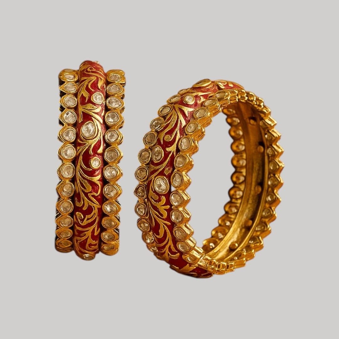 Royal Red Enamel Kundan Studded Gold - Plated Bangles for Women - Auraa Trends - Bangles -  - Auraa Trends - "Red enamel gold - plated kundan bangles set for women with floral design – traditional Indian wedding jewelry"
