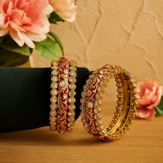 Royal Red Enamel Kundan Studded Gold - Plated Bangles for Women - Auraa Trends - Bangles -  - Auraa Trends - "Red enamel gold - plated kundan bangles set for women with floral design – traditional Indian wedding jewelry"