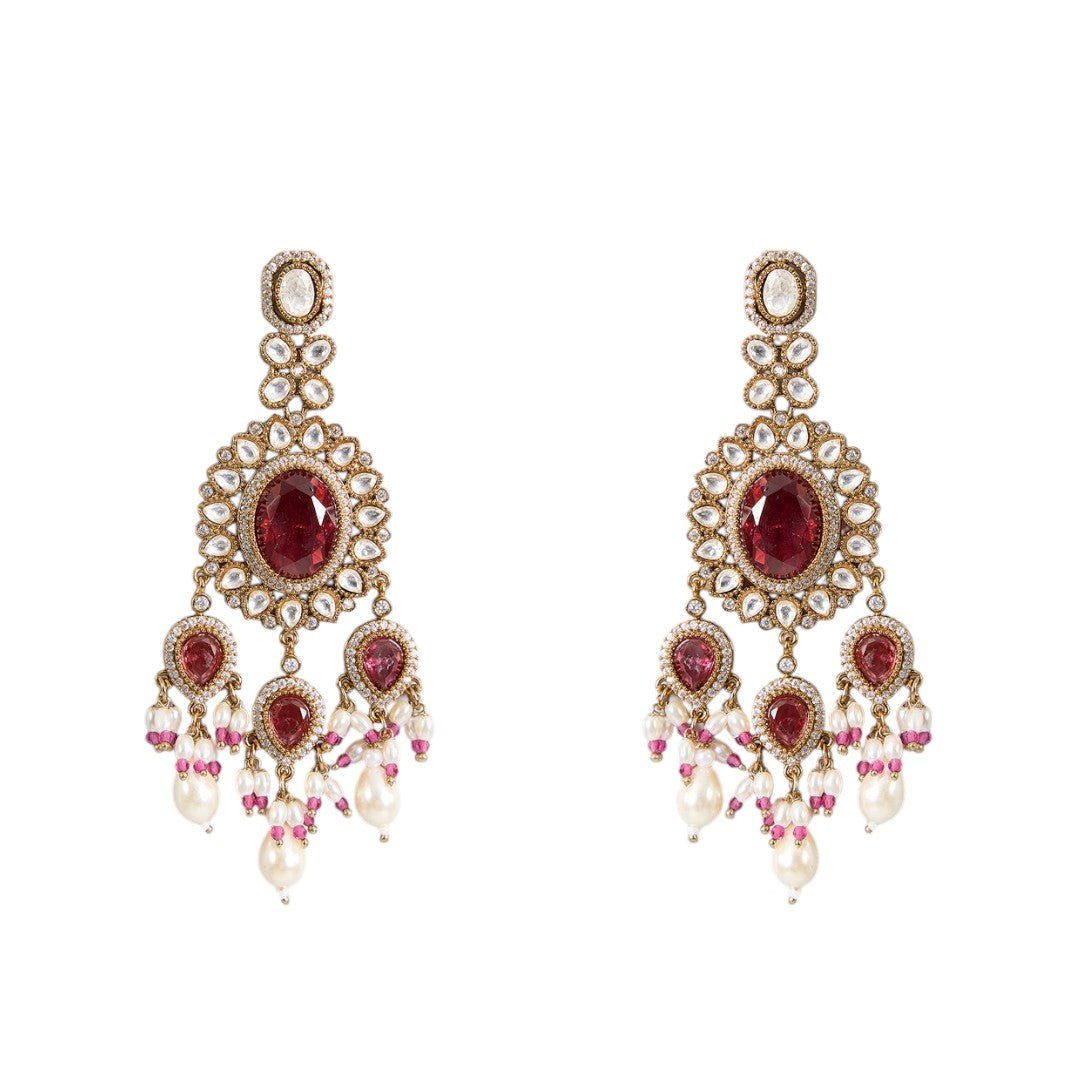 Royal Ruby Red Kundan Necklace Set with Pearl Fringe Detailing - Auraa Trends, Ruby kundan bridal set Long necklace for India