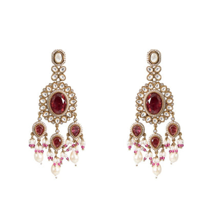 Royal Ruby Red Kundan Necklace Set with Pearl Fringe Detailing - Auraa Trends, Ruby kundan bridal set Long necklace for India