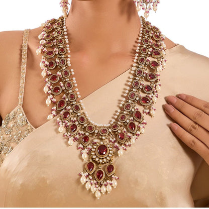 Royal Ruby Red Kundan Necklace Set with Pearl Fringe Detailing - Auraa Trends, Ruby kundan bridal set Long necklace for India