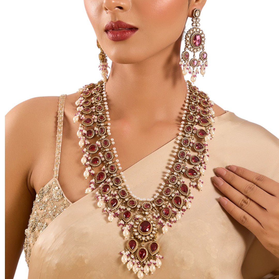 Royal Ruby Red Kundan Necklace Set with Pearl Fringe Detailing - Auraa Trends, Ruby kundan bridal set Long necklace for India
