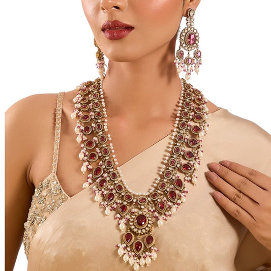Royal Ruby Red Kundan Necklace Set with Pearl Fringe Detailing - Auraa Trends, Ruby kundan bridal set Long necklace for India