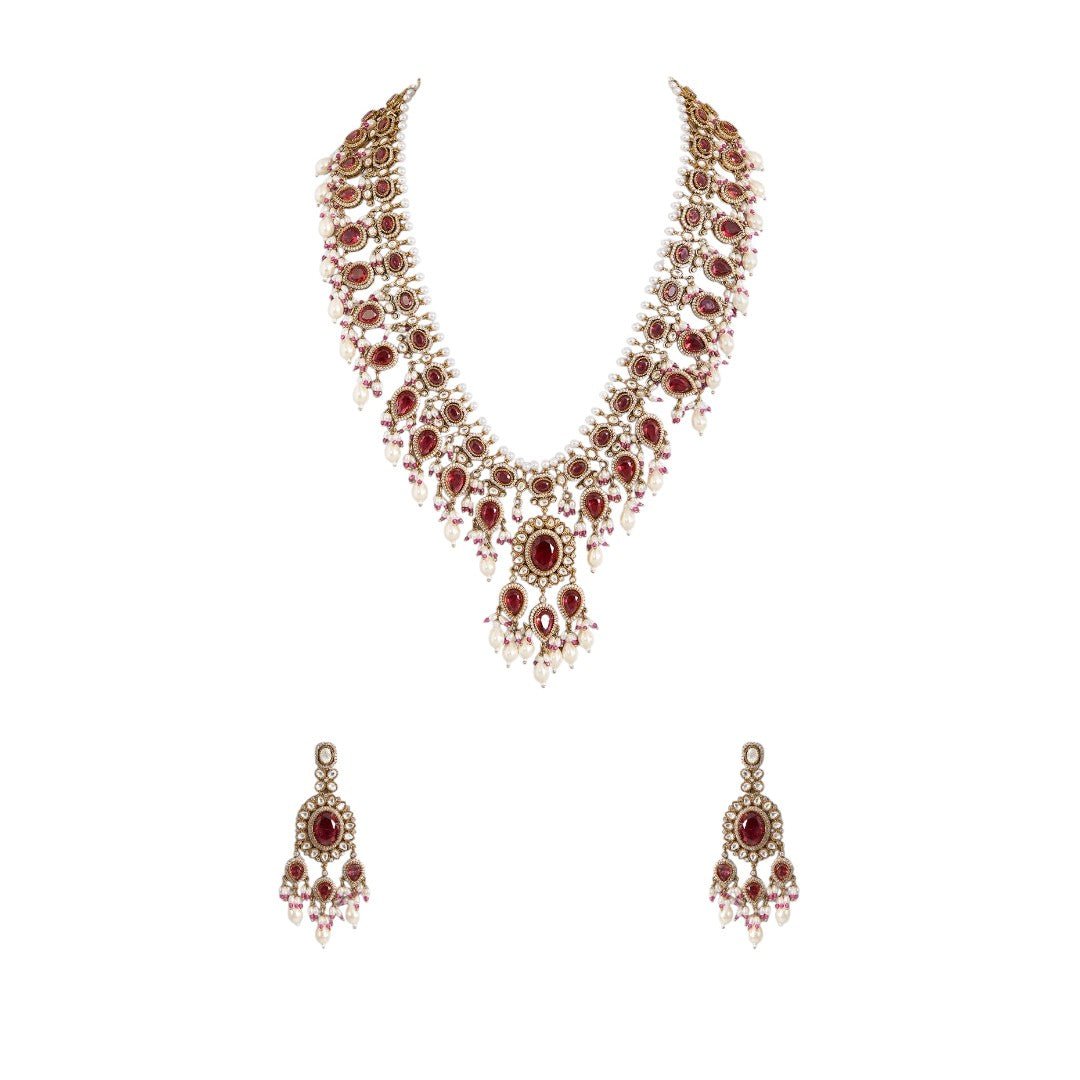 Royal Ruby Red Kundan Necklace Set with Pearl Fringe Detailing - Auraa Trends, Ruby kundan bridal set Long necklace for India