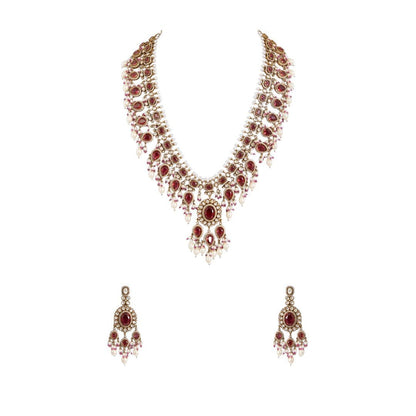 Royal Ruby Red Kundan Necklace Set with Pearl Fringe Detailing - Auraa Trends, Ruby kundan bridal set Long necklace for India