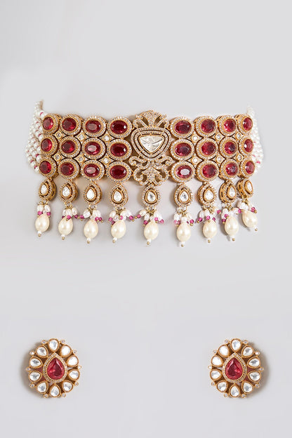 Royal Ruby Red Kundan Pearl Choker Necklace Set - Auraa Trends - Necklace - Royal Ruby Red Kundan Pearl Choker Necklace Set