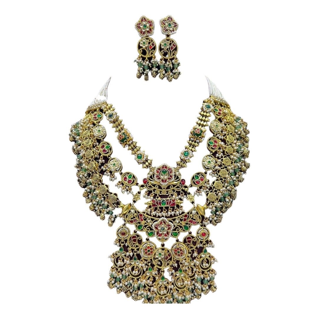 Royal Temple Style Multi - Layered Kundan Necklace Set with Earrings - Auraa Trends - Necklace Set -  - Auraa Trends - "Multi - layered antique gold temple - style bridal necklace set with pearls, kundan stones, and matching jhumka earrings — ideal for Indian weddings and traditional wear