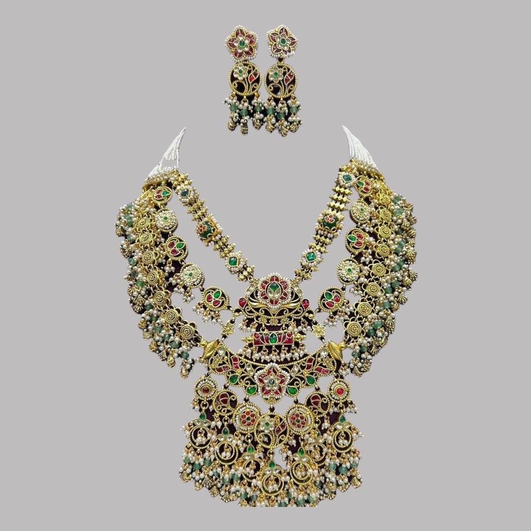 Royal Temple Style Multi - Layered Kundan Necklace Set with Earrings - Auraa Trends - Necklace Set -  - Auraa Trends - "Multi - layered antique gold temple - style bridal necklace set with pearls, kundan stones, and matching jhumka earrings — ideal for Indian weddings and traditional wear